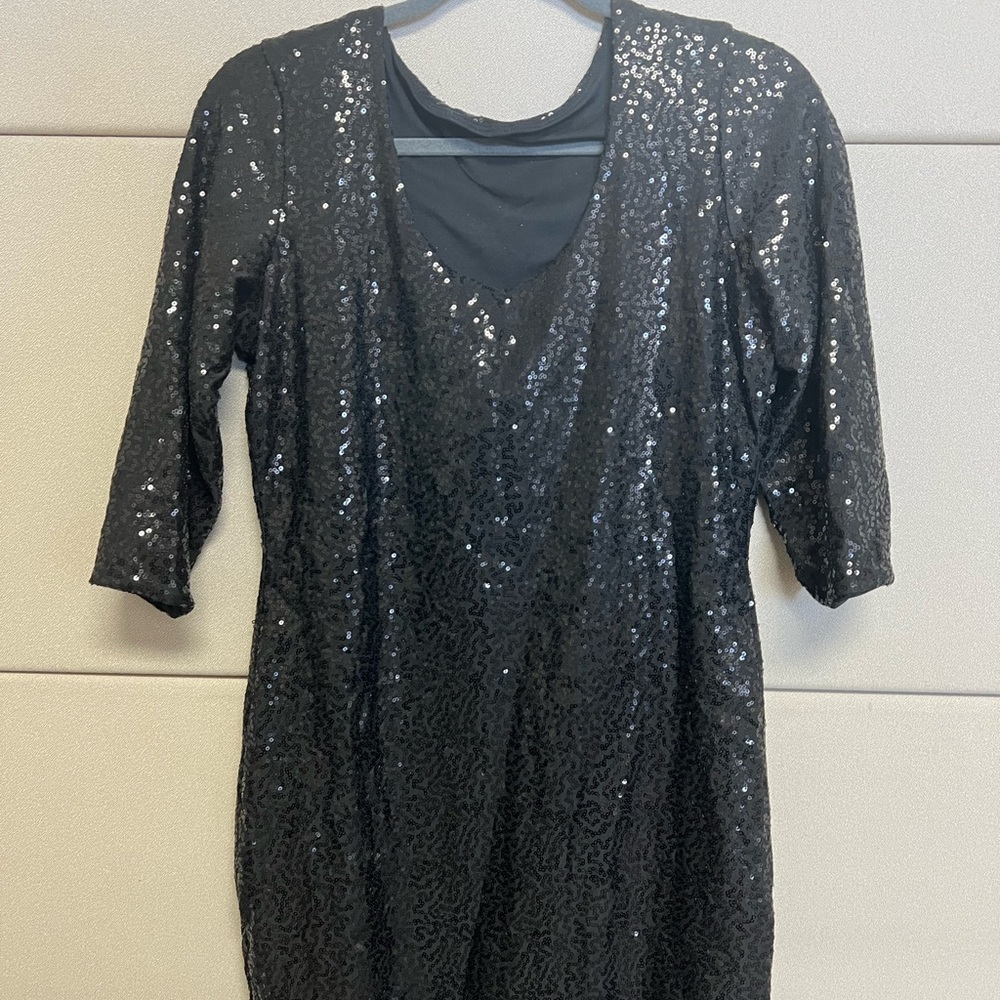 black milk clothing sparkle sparkle black sequin 3/4 sleeve scoop dress - Picture 3 of 7